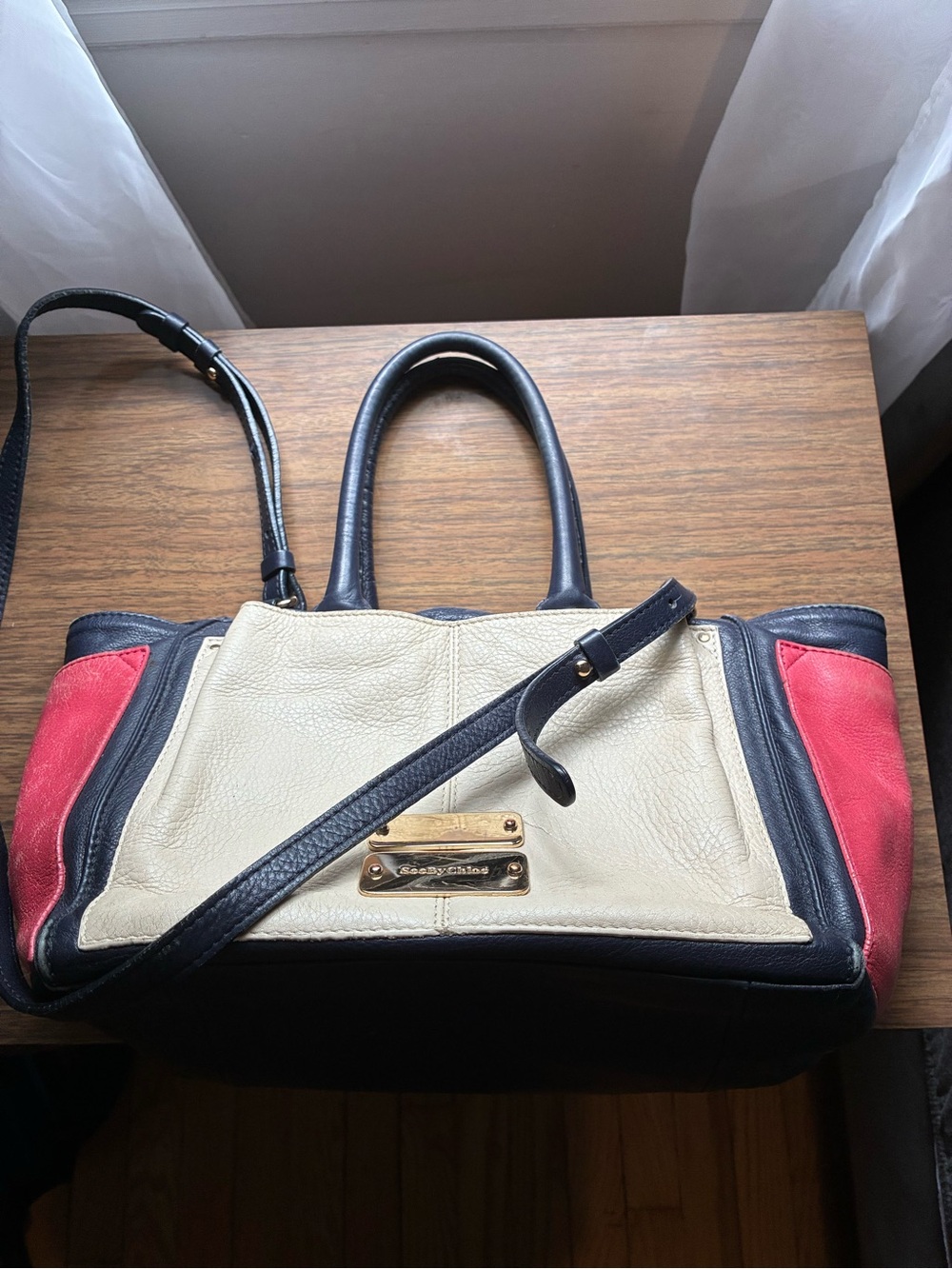 See by Chloe Tri-Color Leather Satchel - Cream, Navy & coral